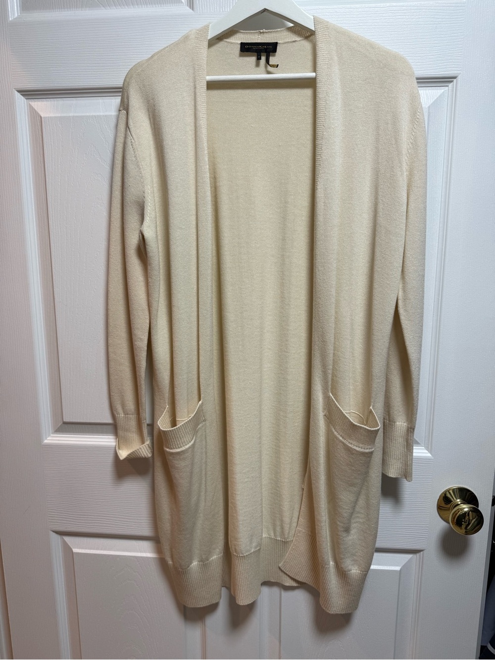 Donna Karan New York Cream Long Open-Front Pocket Cardigan